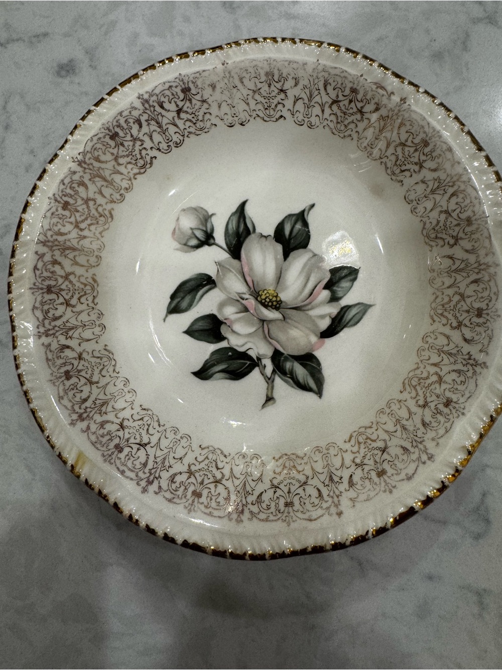 Vintage Magnolia Floral Bowl 6” Gold Trim Scalloped Cottagecore